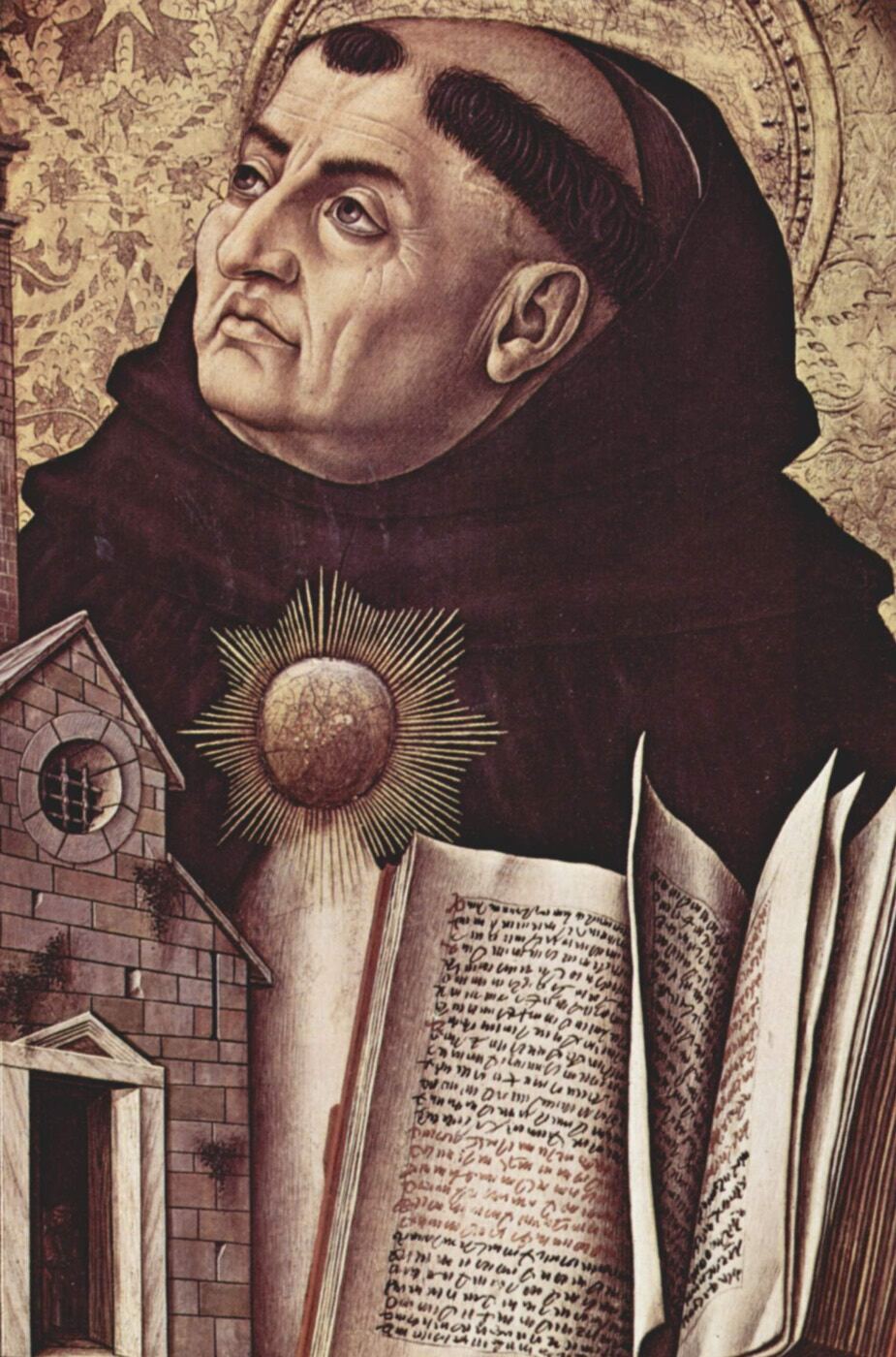 St. Thomas Aquinas in a Dominican habit, holding an open book and a model of a church, a sun on his breast
