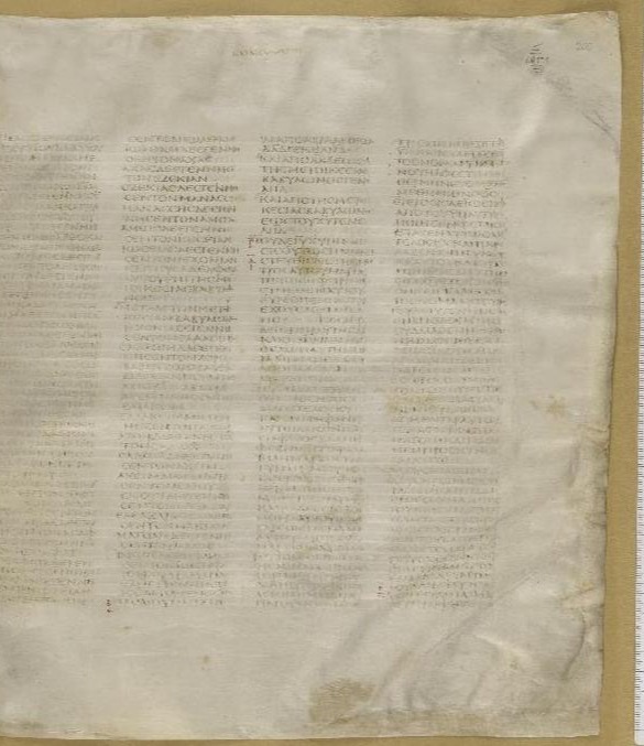 The first page of the Gospel of Matthew in Codex Sinaiticus: four columns of Greek capital letters on pale parchment