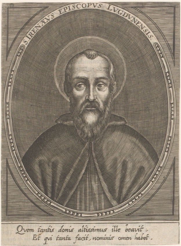 An engraved portrait of Saint Irenaeus, bearded and haloed, in an oval frame