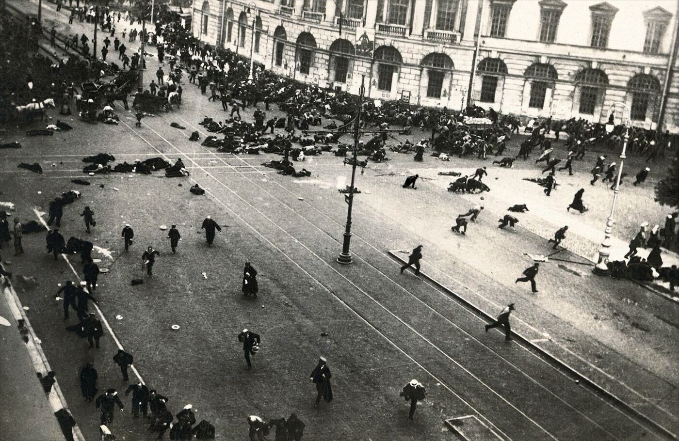 Troops fire on demonstrators on Nevsky Prospekt, Petrograd, in July 1917